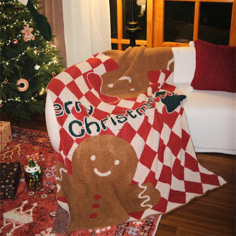 Christmas Gingerbread Man checker  100% microfiber yarn double side super cozy knit blanket