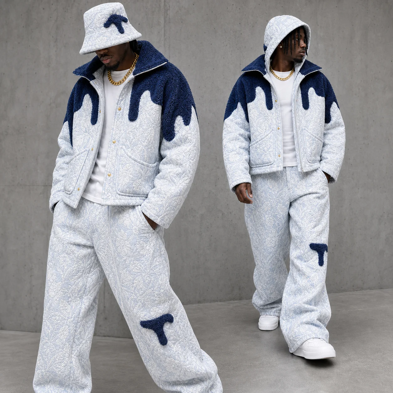 Wholesale Quilted Padded Jacket Pants Set Fleece Trim Sherpa Collar Streetwear Winter Bulk Fashion Men Winter Tracksuit Set