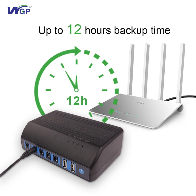 WGP Rechargeable 18650 Battery Multiple Outputs USB DC 12V Power Bank for Fiber Router Modem Mobile Phone DVR Digital Camera