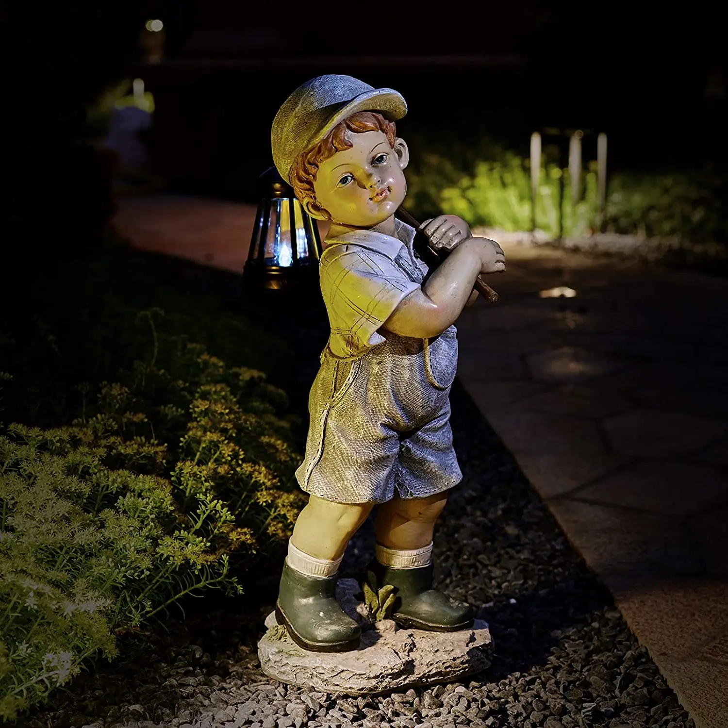 garden statue boys with solar lantern