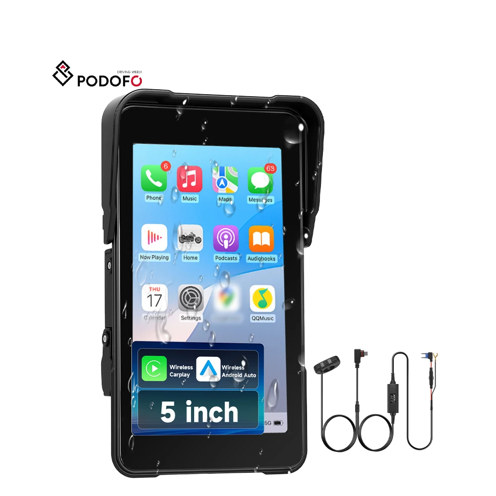 Podofo 5 Inch Vertical Screen Portable Car Motorcycle Wireless CarPlay Android Auto IP68 Waterproof with Remote Control Button A4526