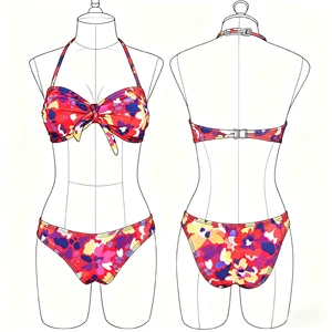 Women's Sexy Floral Print Two Piece Bikini Triangle Halter Top With Tie Front Spaghetti Strap Bikinis OEM Custom Logo Beachwear