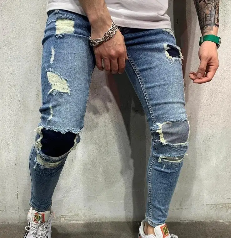 Custom Men's Fashion Ripped Jeans Washed Patch Slim Fit Thin Stretch Skinny Denim Pant Streetwear Men Jeans with Hole
