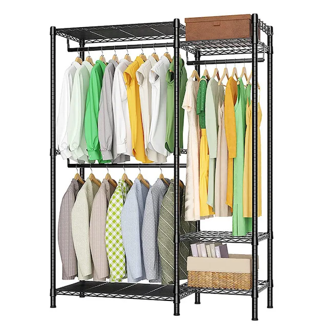 ワードローブ Freestanding Metal Clothing Rack with Shelves - Portable Wardrobe