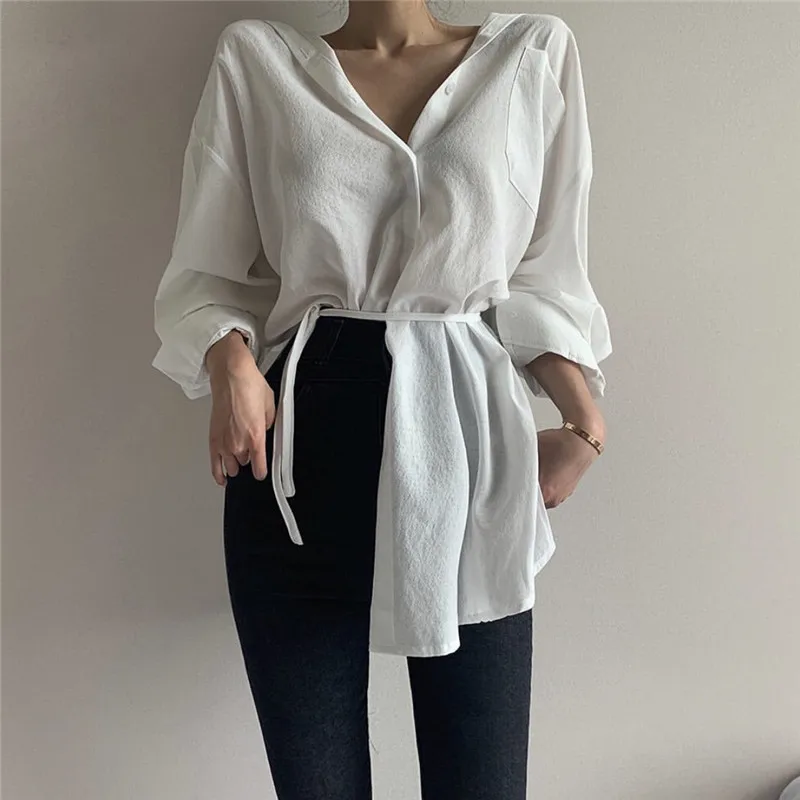 Wholesale EasyGarment 2021 Korean Style Blouse Fashion Shirt Top Women's  Personalized Design Lace-up Cotton and Linen Long Sleeve Shirt From  m.