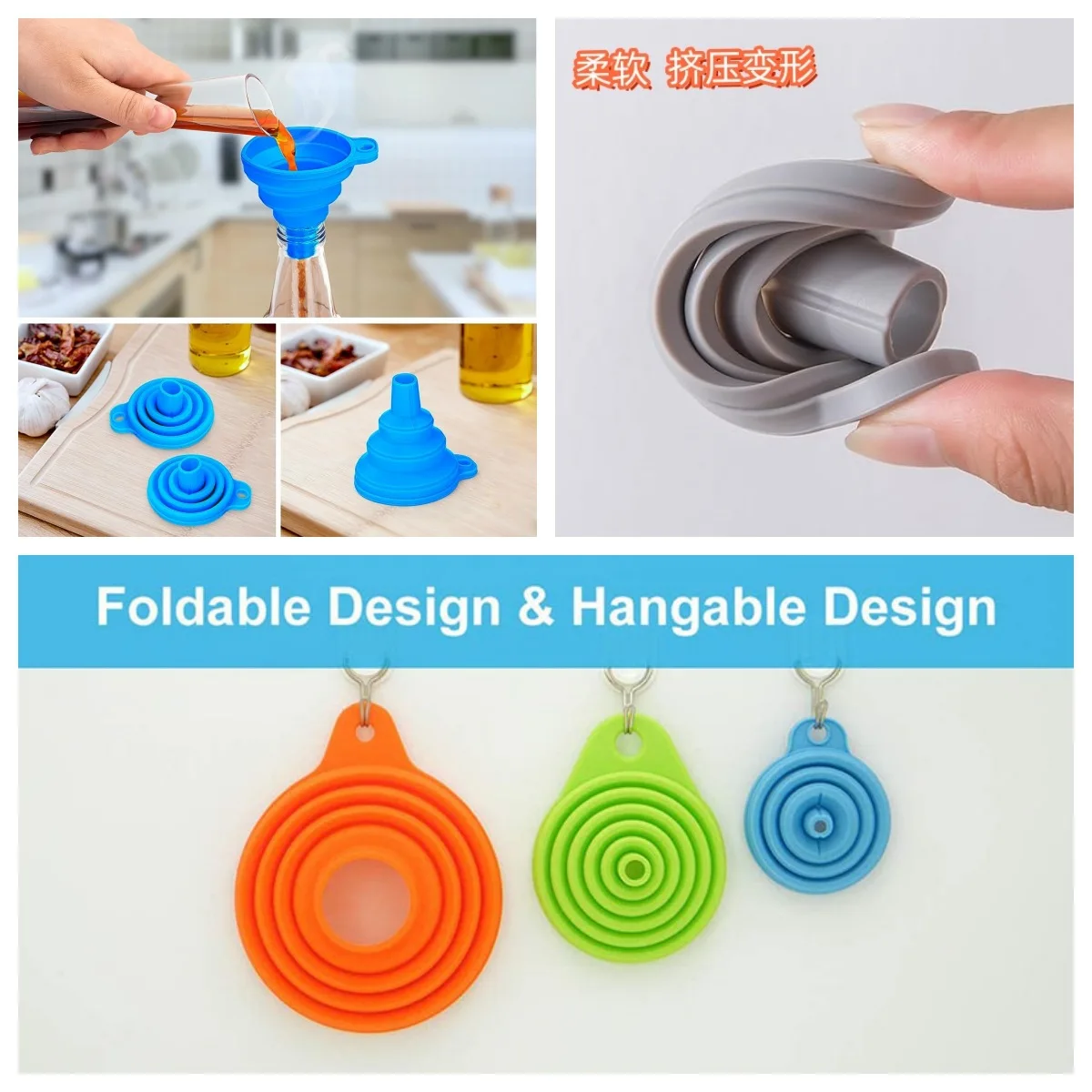 product wholesale custom silicone kitchen utensils creative retractable portable foldable funnel large medium small sizes for home use-4