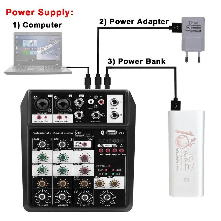 Professional 4-Channel Portable USB Audio Interface Mixer for Bluetooth Sound Mixing Console for Video & Lighting Blue Mobile