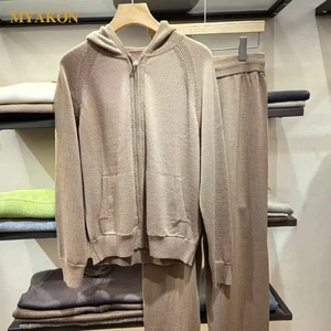 Men's Casual Winter Coat with 100% Cashmere Hooded Zipper Closure Flat Knitted Long Sleeve Sweater Quick Dry Breathable Thick