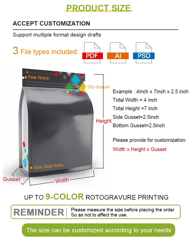 Custom Printing Biodegradable Matt Plastic Flat Bottom Reusable Coffee Bags With Valve And Zipper details