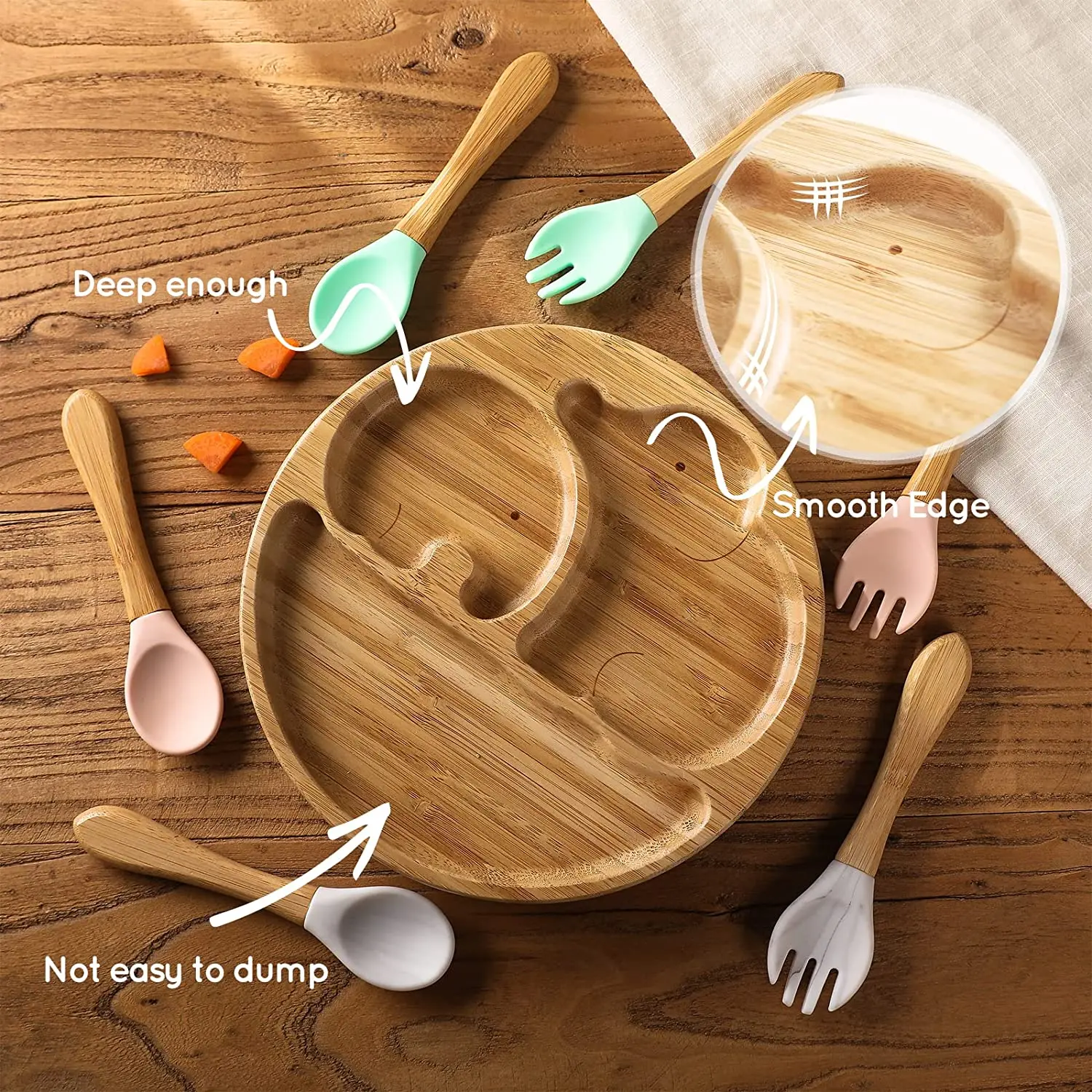 Baby Bamboo Suction Plates Set With Spoons & Fork,Baby Food Dishes