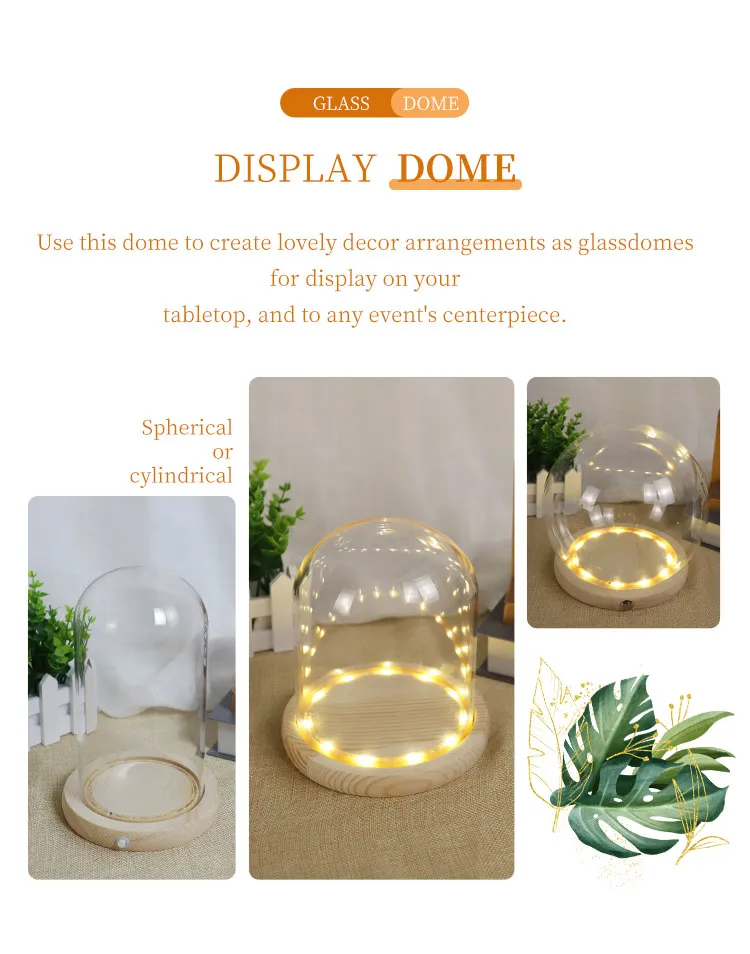 Handmade tabletop display round dome cloche with wooden led lights  Bell Jar Ornaments wholesale factory