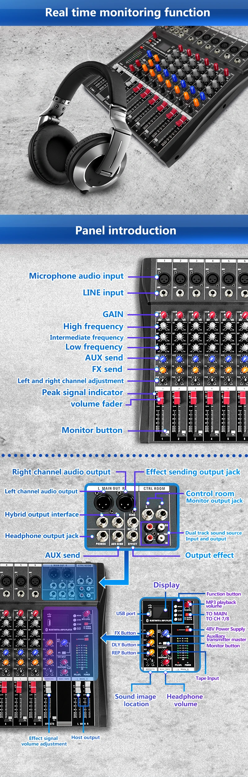 6-channel professional audio console DJ mixer with Blueteeth sound mixer audio karaoke phantom power 48V