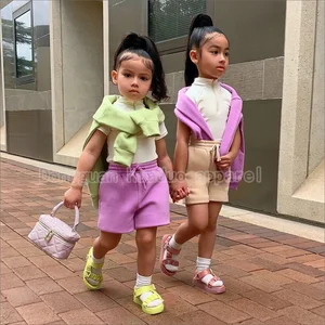 Casual Streetwear Toddler Breathable Knit Solid Fleece Cotton Jumper Shorts Set Spring Autumn Clothing Sets