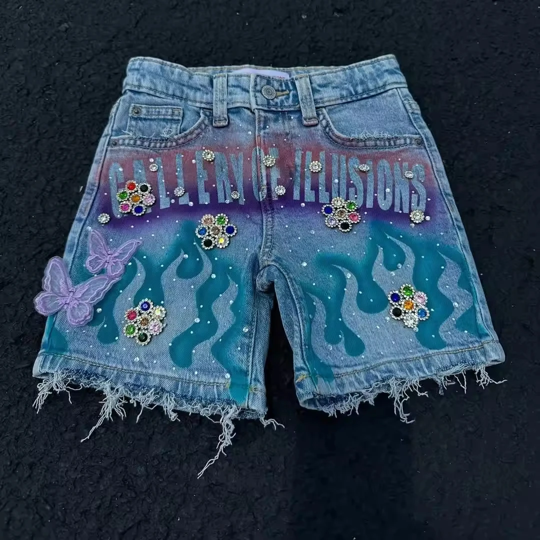 Customizable Oversize Men's Vintage Denim Shorts Breathable Straight Style with Embroidered Rhinestone Decoration Short Men gallery 3