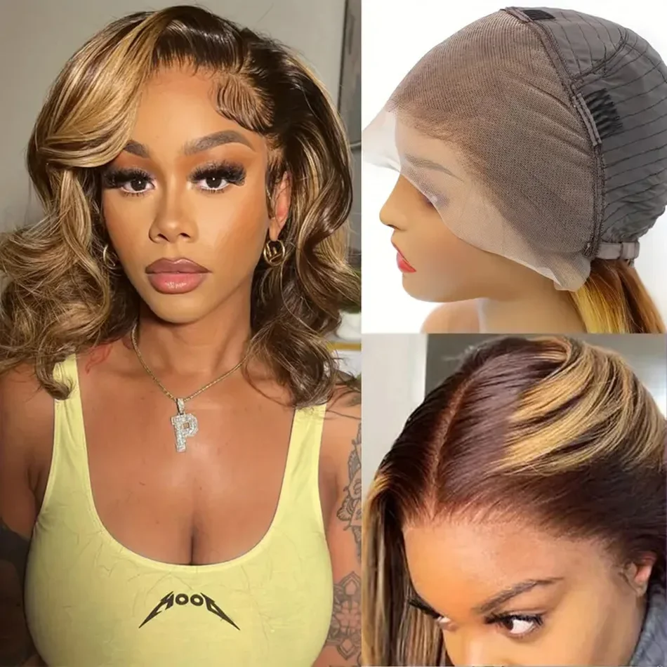 Short Bob Human Hair Wig With Lace Front Highlight Body Wave Style_voghion.com