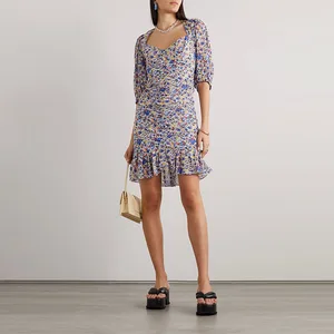Clothing Manufacturer Custom Spring Summer Square Neck Short Sleeve Elegant Casual Pleated Printed Cotton Women Mini Dress