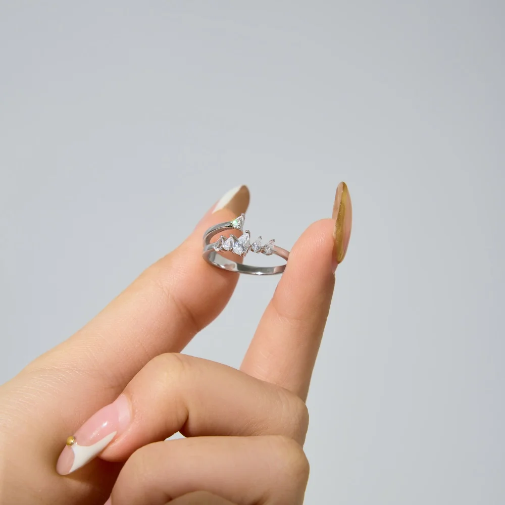 KAKODIY Fine Jewelry Unique Rhodium Plated 925 Sterling Silver Double Layer 5A Cubic Zirconia Open Adjustable Wedding Promise Bridal Ring detail 4