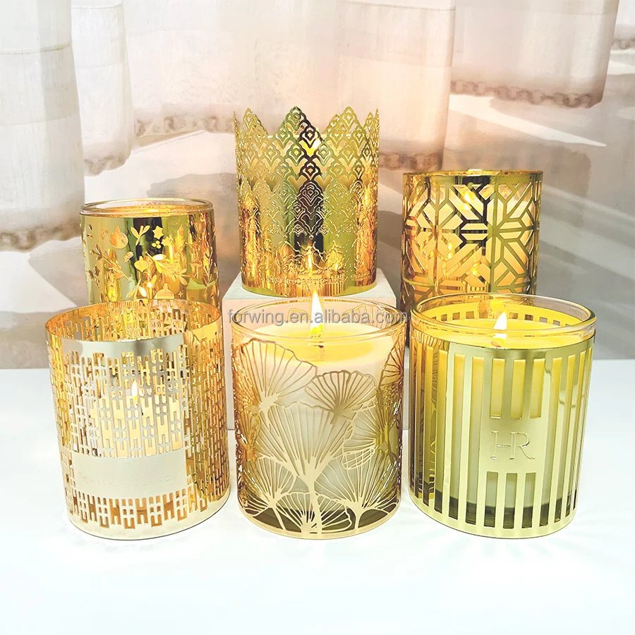 Hot Sale Custom Pattern Glass Candle Jar with Metal Holder Sleeve  for Home Decor Lanterns & Candle Jars details