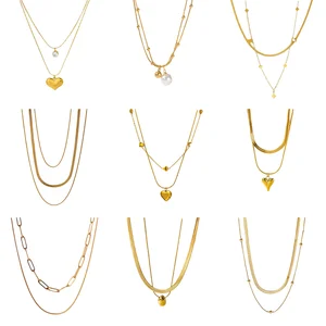 Fashion Double-layer Necklaces for Women, Gold Plated Stainless Steel Necklace with Hearts Ocean Ball and Pearl