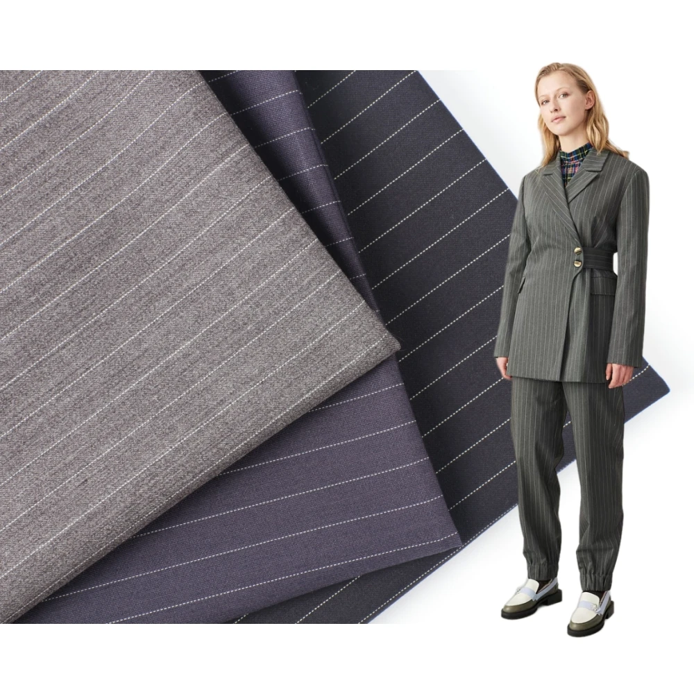 High-quality Fabric Polyester Rayon Spandex Blended White and Black Striped Linen  Men's Suits Fabric