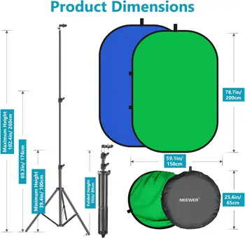 Neewer 5x7ft/1.5x2m Chromakey Foldable Backdrop with Stand 8.5ft/2.6m, 2-in-1 Reversible Green Blue Green Background Panel for detail image