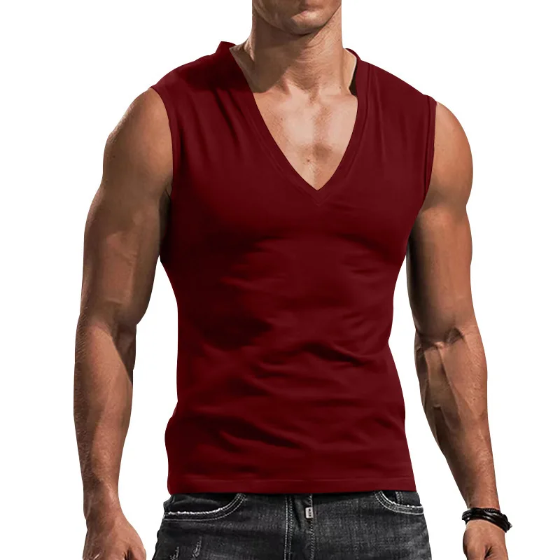 Men's Solid Color V Neck Vest Casual Breathable Sleeveless T-Shirt Vest956_voghion.com