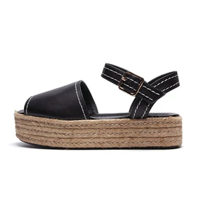 Factory Direct Women Black Leather Sandals Ankle Strap Espadrille Platform Custom Logo Summer Beach Wholesale