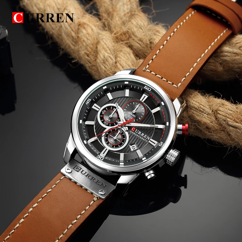 Curren 8291 Fashion Quartz Relogio Masculino Rose Gold Case Watches Chronograph Leather Casual Calendar Waterproof Watch for Men