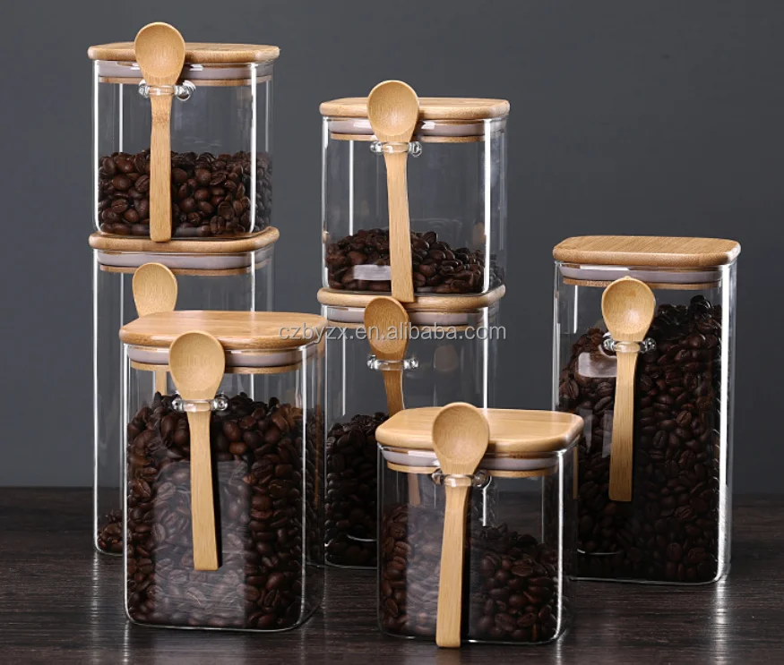 Handmade Round shaped Glass Food Storage Jar with Bamboo Lid and Spoon ...