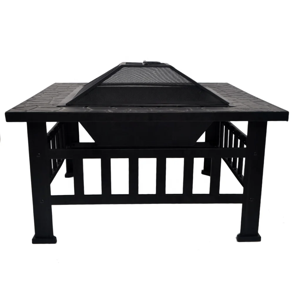 SEJR 32 Inch Steel Square Outdoor Fire Pit Table Wood Burning Garden Fireplace with High-Temperature Paint for 4-8 People