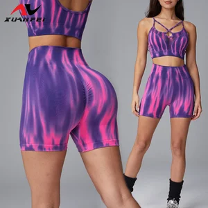 High-Waist Design Elastic Fabric Purple Gradient Quick-Drying Material Fitness Exercise Yoga Shorts