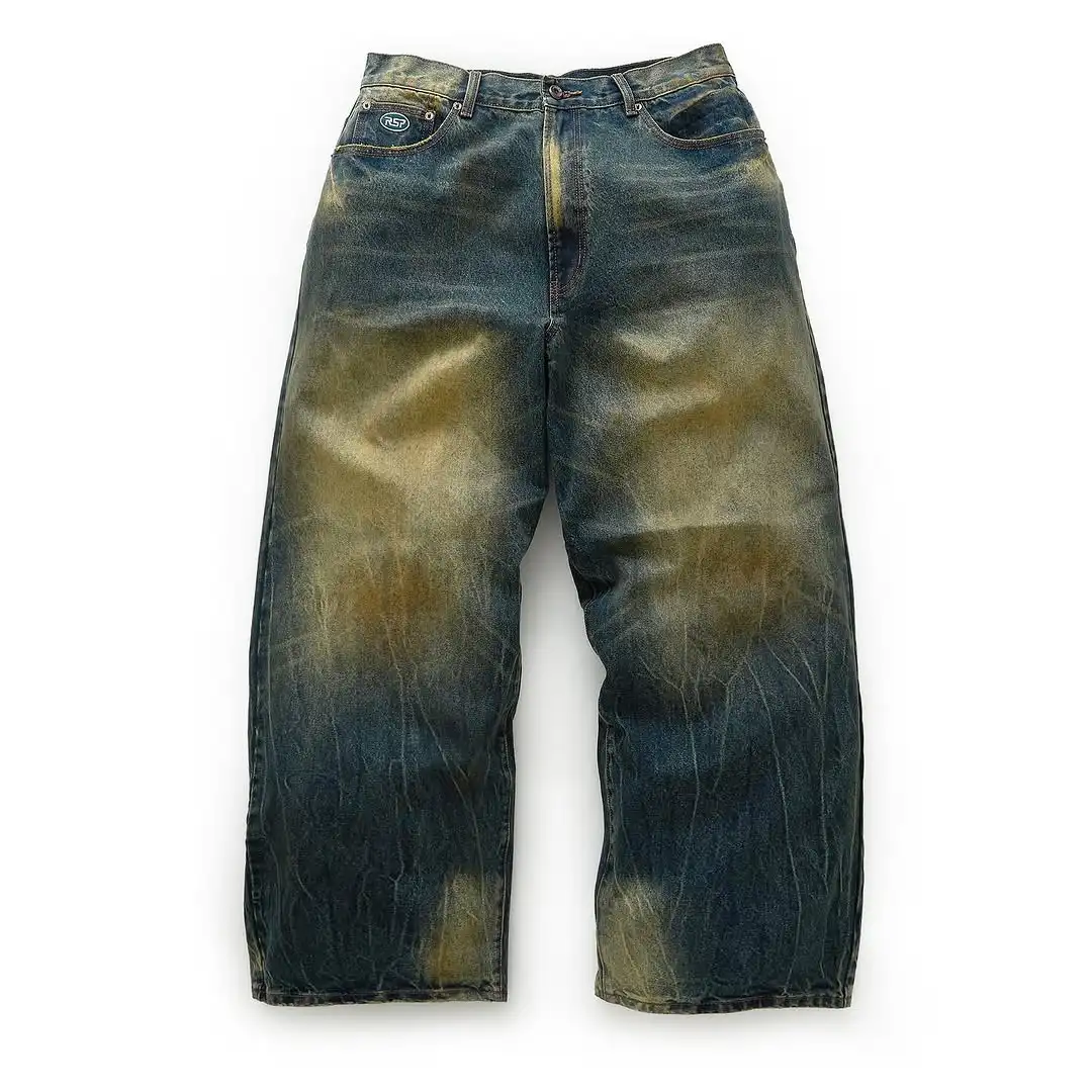 Luksusowe, niestandardowe jeansy w stylu retro ulicznego, przepłukane i spaczony, wykonane z ciężkiego materiału o gramaturze 300 g/m², luźne męskie jeansy
