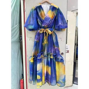 Factory Wholesale Vacation Casual Midi Dress Women Spring Summer Printed Puff Sleeve Ruffles Pleated Loose Belt Dress