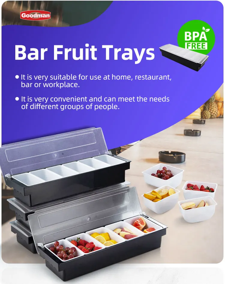 3/4/5/6 Compartments Transparent PC Ice Cooled Bar Snack Fruit Caddy Condiment Container Box Chilled Garnish Tray With Lid supplier