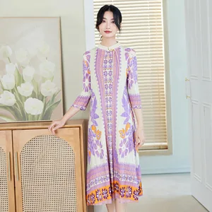 2026 Spring New Women's High-End Miyake Niche Printed Dress Casual Slimming Pleated Long Dress Age-Reducing Large Size