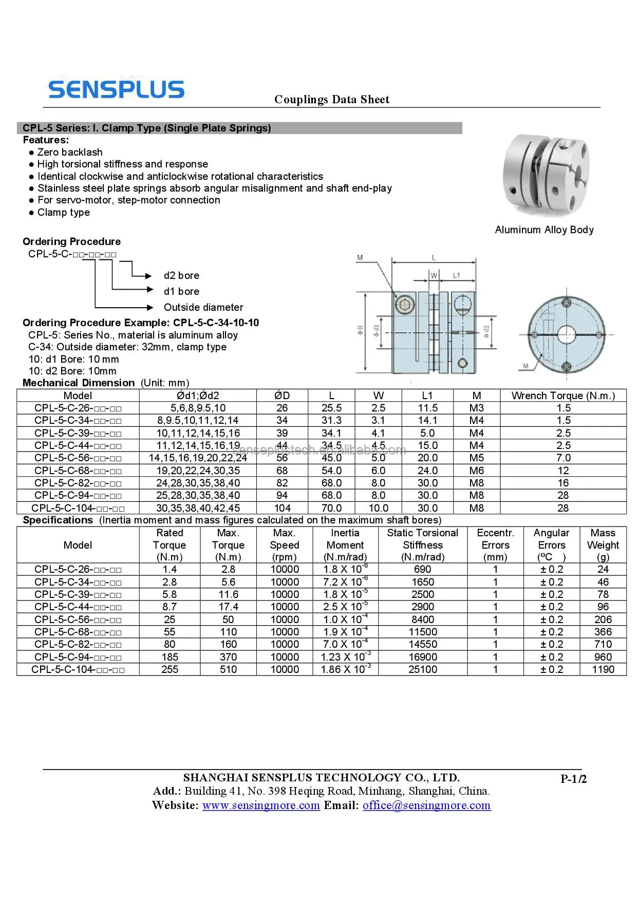 Sensplus D26l26 Aluminum Alloy Single Diaphragm Flexible Coupling