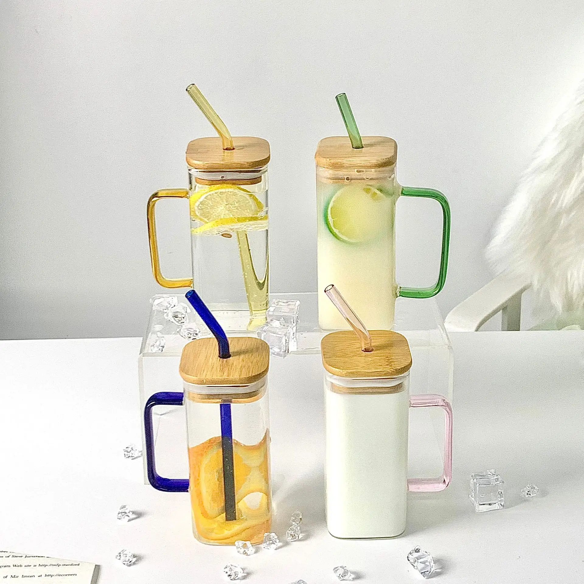 1pc Square Glass Cup With Handle & Straw, Ins Style, Heat