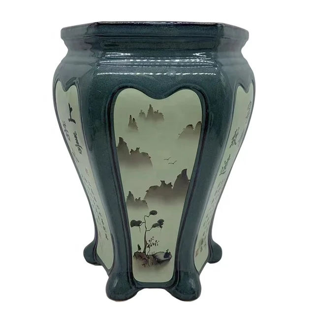 Chinese style painted ceramic handmade flowerpot  ink painting  national style garden flowerpot resista