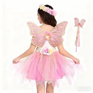 Dream Party Children Fairy Dress Set Pink Tutu Skirt Butterfly Wing Costume Flower Crown Magic Wand Girls Birthday Performance
