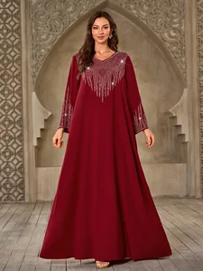 Wholesale New Middle East Women Fashion Rhinestone V-neck Casual Loose New Long Sleeve Dress