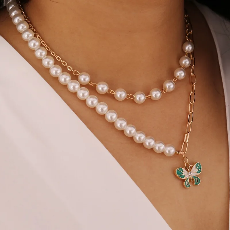 Pearl Butterfly Necklace Multi-layered 