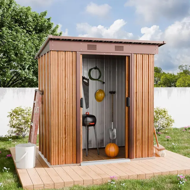 Wood- Effect Small Flat Lean-to Outdoor Storage Shed  with Sloped Roof & Double Lockable Doors