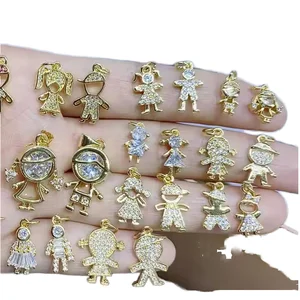 Romantic Small Gold Plated Metal Zircon Pave Charm Human Shape Doll Connector Bracelet Necklace Making Component Beads Alloy