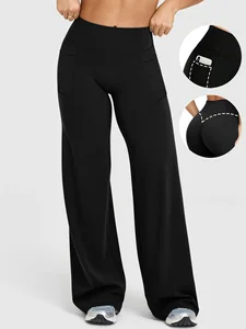 New Women's Fashion Solid Color High Waist Hip Lifting Loose Straight Tube Double Side Pocket Yoga Pants
