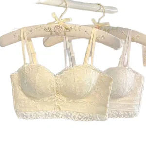 Wholesale Sexy Japanese Sweet Strapless Bra Women Palm Cup Lace Nylon Knitted Push-up Anti Sagging Wire Free