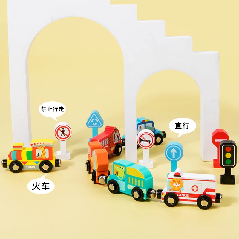 Wooden Four Wheeled Toy Car Traffic Train Road Signs Children's