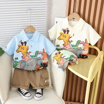 Children's Polo shirt summer animal print cartoon baby short sleeve suit casual style two-piece set
