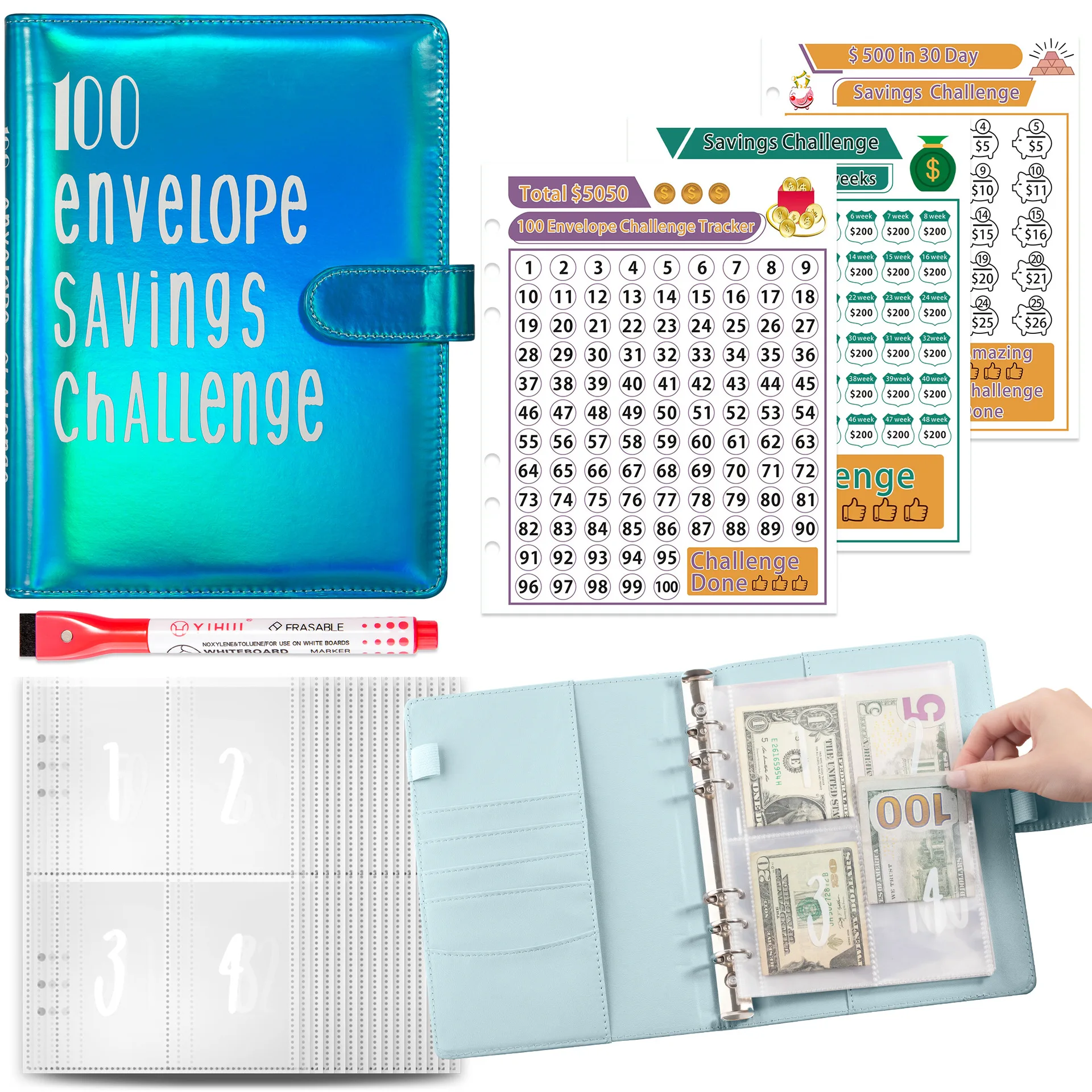 100 Envelope Saving Challenge - Libro Risparmi Con Buste Trasparenti - Pianificatore Budget Per Risparmiare &euro;5050
