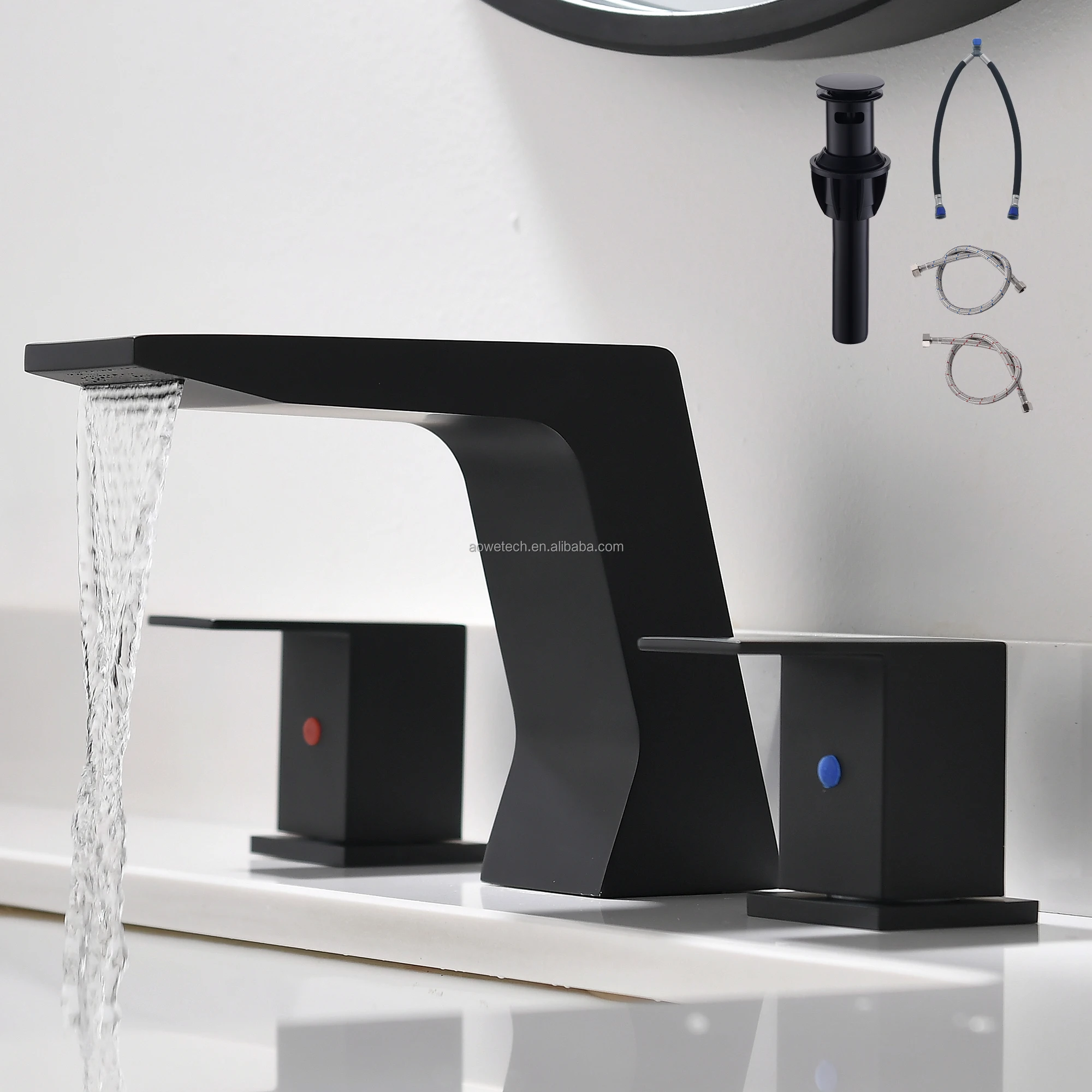 Dual-Handle Brass Three-Hole Split Waterfall Thermostatic Basin Mixer Faucet Deck Mount Blackened Cold Hot Water Modern 5 Year