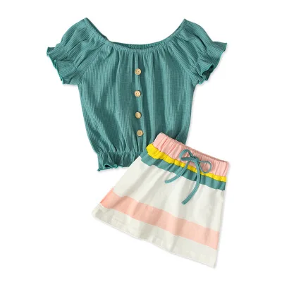 
Новый Модный комплект одежды для маленьких девочек, летний топ с открытыми плечами + юбка в полоску, комплект из 2 предметов, Европейский Детский костюм 